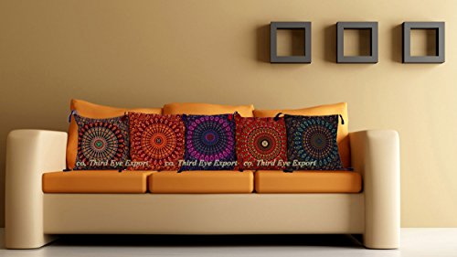 16X16" Indian Ethnic Mandala Peacock Bohemian Set of 5 Decorative Colorful Cotton Square For Sofa Set Home Decorative Boho Throw Pillow Case Cushion Cover