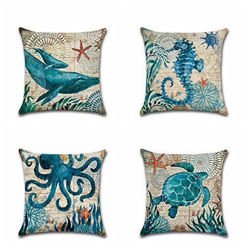 4 Pack Ocean Theme Mediterranean style Cotton Linen Square Decorative Throw Pillow Case Cushion Cover Starfish,Sea Horse,Shell&Conches 18" X 18" (Ocean Park Theme 5)
