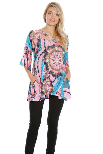 6011WFC23973  Pink Multi 3/4 Loose Sleeve Criss Cross V-Neck Tunic Top