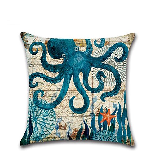4 Pack Ocean Theme Mediterranean style Cotton Linen Square Decorative Throw Pillow Case Cushion Cover Starfish,Sea Horse,Shell&Conches 18" X 18" (Ocean Park Theme 5)