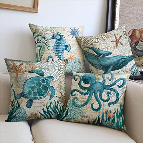 4 Pack Ocean Theme Mediterranean style Cotton Linen Square Decorative Throw Pillow Case Cushion Cover Starfish,Sea Horse,Shell&Conches 18" X 18" (Ocean Park Theme 5)