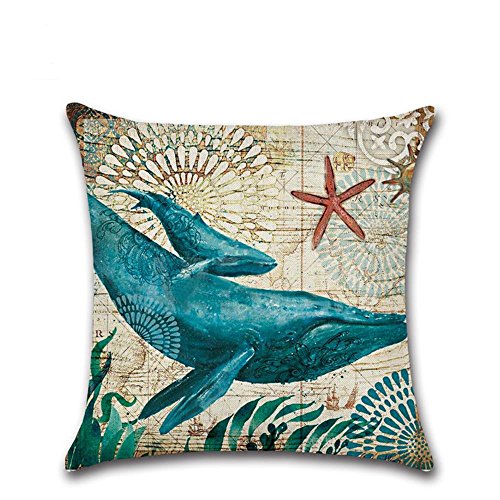 4 Pack Ocean Theme Mediterranean style Cotton Linen Square Decorative Throw Pillow Case Cushion Cover Starfish,Sea Horse,Shell&Conches 18" X 18" (Ocean Park Theme 5)