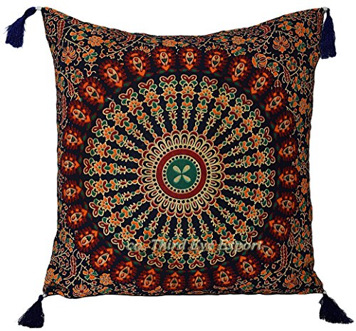 16X16" Indian Ethnic Mandala Peacock Bohemian Set of 5 Decorative Colorful Cotton Square For Sofa Set Home Decorative Boho Throw Pillow Case Cushion Cover