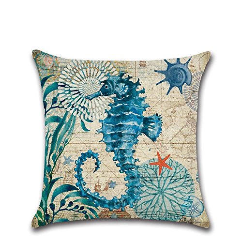 4 Pack Ocean Theme Mediterranean style Cotton Linen Square Decorative Throw Pillow Case Cushion Cover Starfish,Sea Horse,Shell&Conches 18" X 18" (Ocean Park Theme 5)