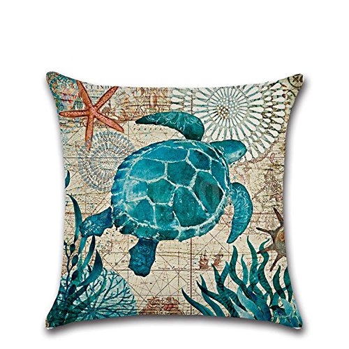 4 Pack Ocean Theme Mediterranean style Cotton Linen Square Decorative Throw Pillow Case Cushion Cover Starfish,Sea Horse,Shell&Conches 18" X 18" (Ocean Park Theme 5)