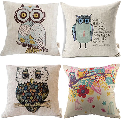 HOSL Owls pattern Square Decorative Throw Pillow Case Cushion Cover Set of 4