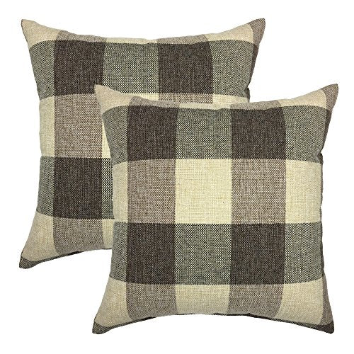 YOUR SMILE Retro Farmhouse Tartan Plaid Cotton Linen Decorative Throw Pillow Case Cushion Cover Pillowcase for Sofa 18 x 18 Inch , Set of 2 , Brown