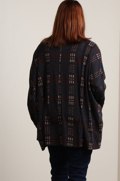 #7005BW    PLUS Navy Plaid Asymmetrical Hem Sweater Tunic with Button Accents